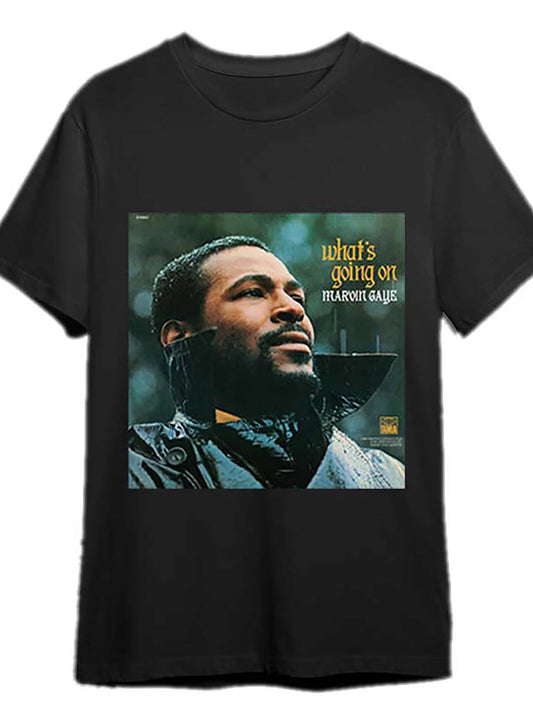 1pc Men'S Marvin Gaye "What'S Going On" Graphic T-Shirt - Casual Black Cotton Te