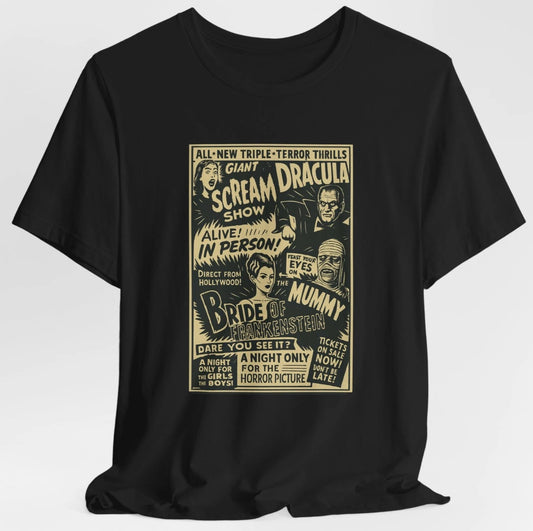 Vintage Horror T-Shirt Dracula Mummy Bride of Frankenstein Monster Halloween