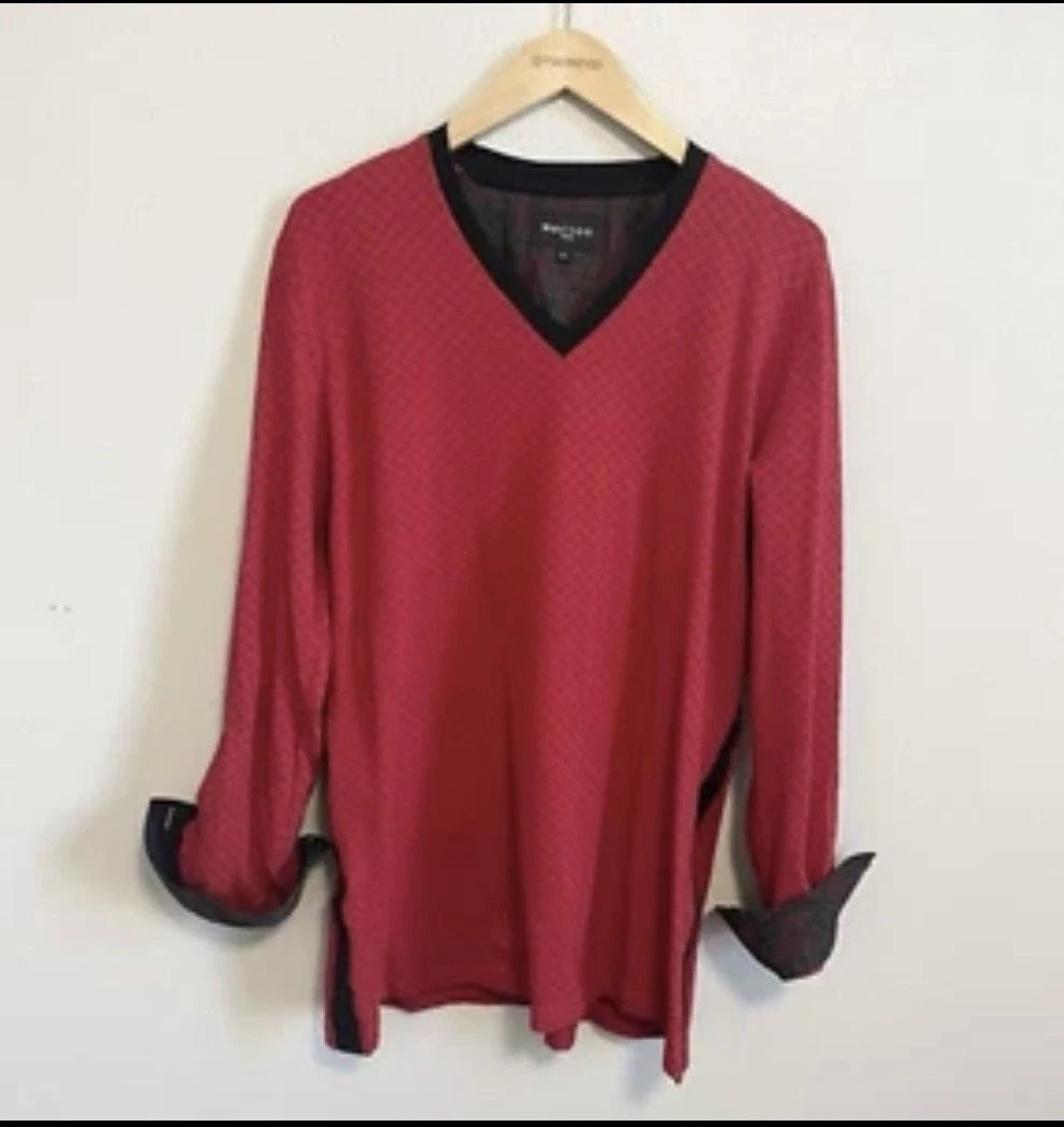 Maceoo Paris V Neck Jacquard Square Red Checkered Long Sleeve Top Size 4/L
