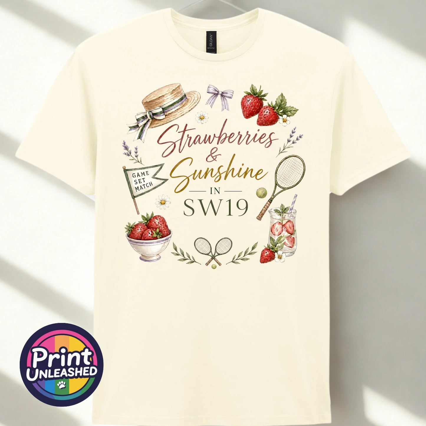 Summer Tennis T-Shirt Strawberries & Sunshine In SW19 Tee Gift Unisex S-2XL