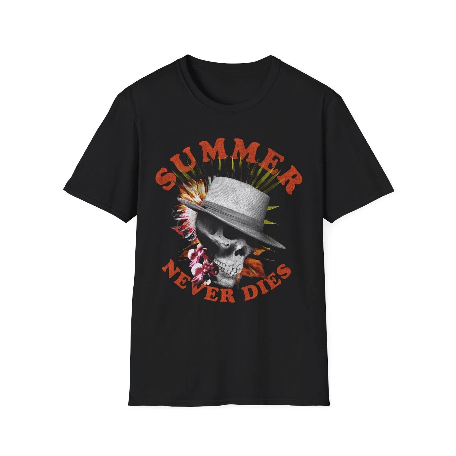 Summer Never Dies T-Shirt Tropical Skull Graphic Tee Beach Vacation Summer Shirt