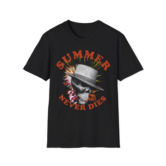Summer Never Dies T-Shirt Tropical Skull Graphic Tee Beach Vacation Summer Shirt