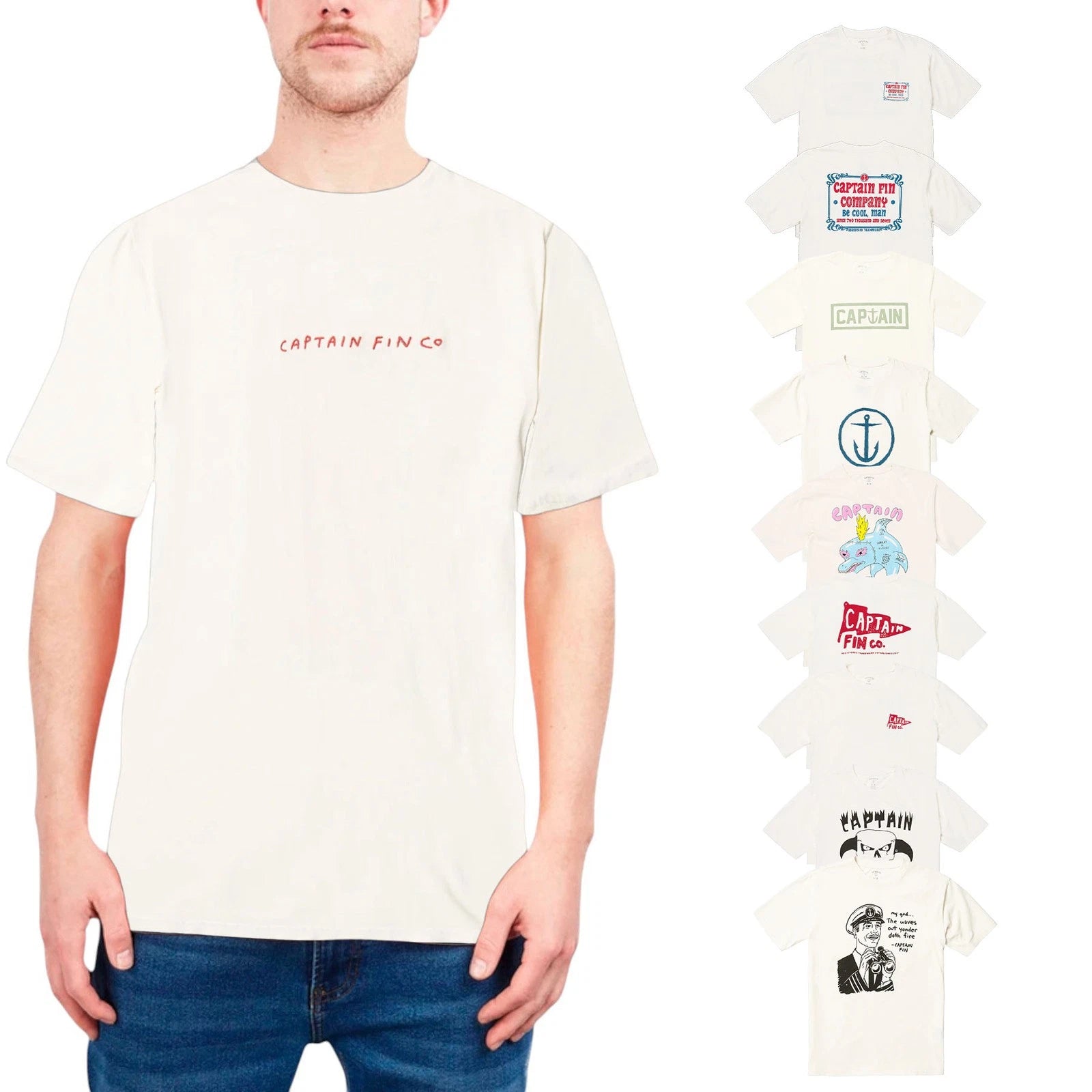 Captain Fin Mens T Shirts Short Sleeves Graphic Print Summer Cotton White Top