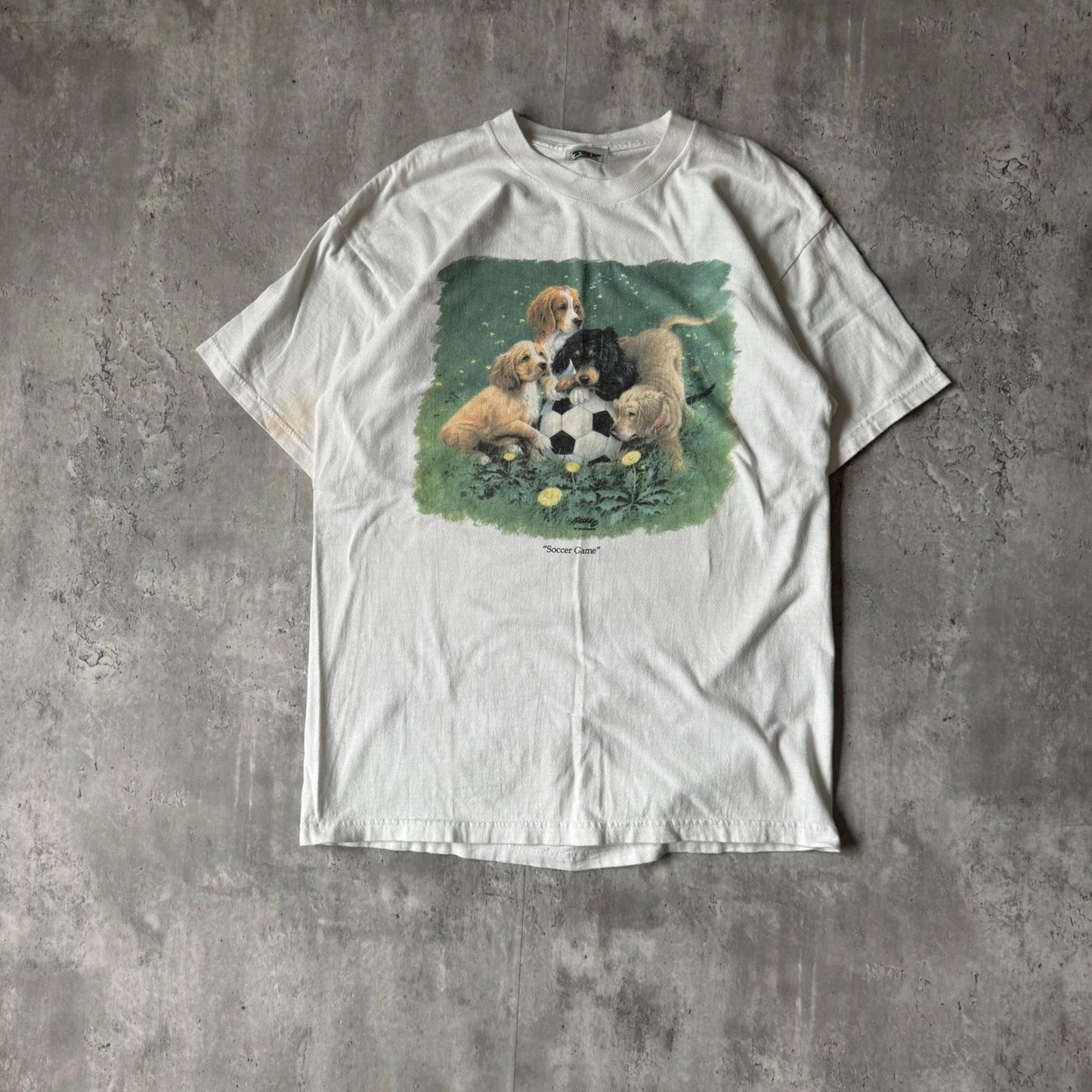 TSF Sportswear Soccer Game Puppy Graphic T-Shirt White Vintage Style Mens S