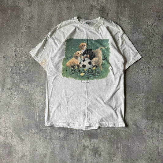 TSF Sportswear Soccer Game Puppy Graphic T-Shirt White Vintage Style Mens S