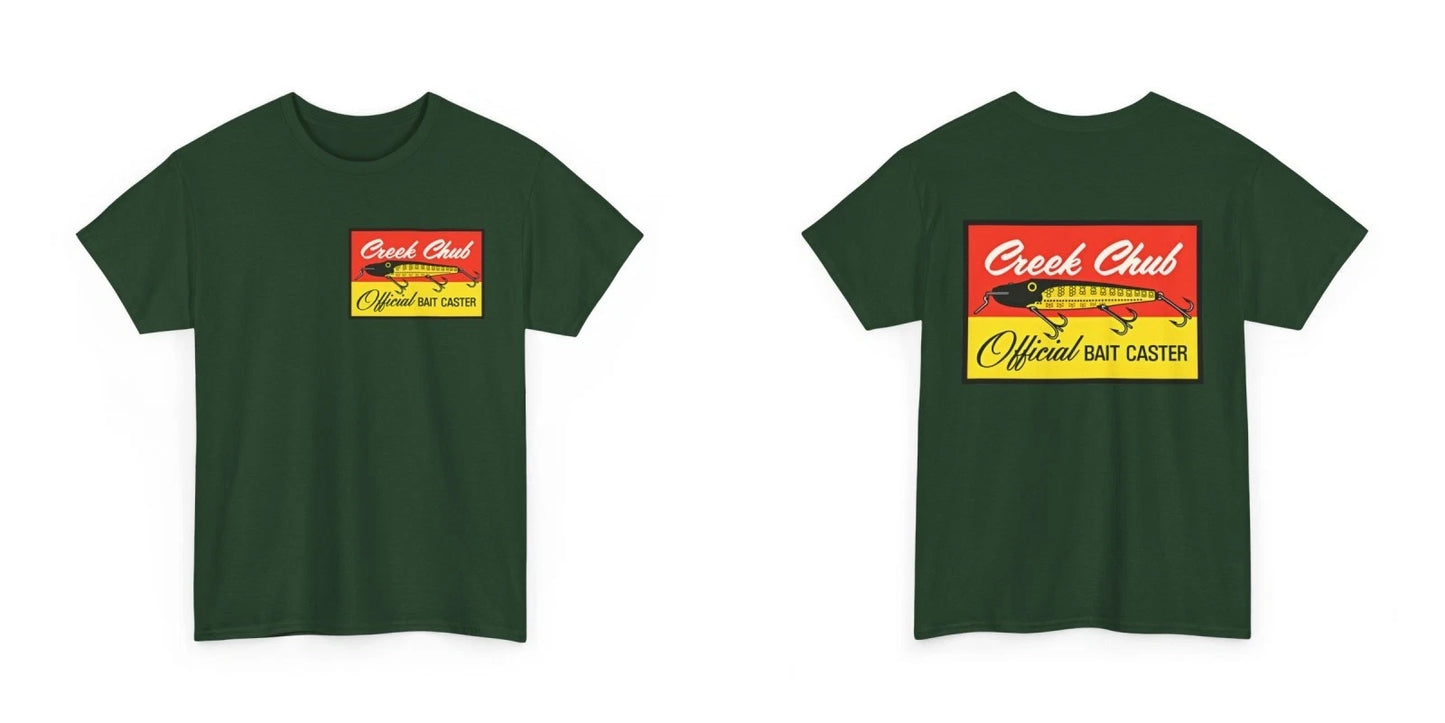 Vtg Creek Chub Official Bait Caster Retro Fishing Tackle 2 side Graphic T-Shirt