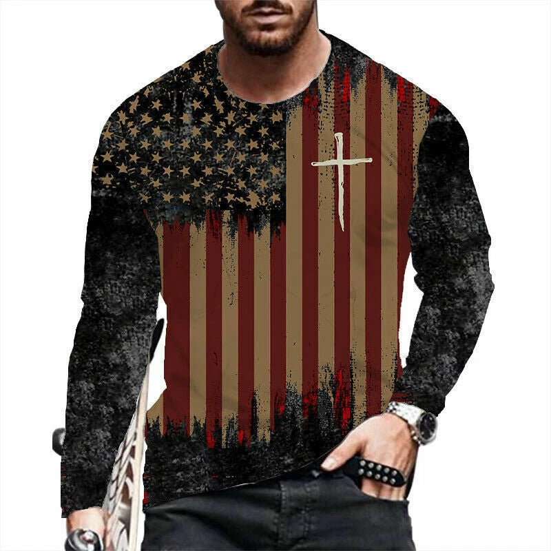 T Shirt Men's Distressed USA American Flag Cross Long Sleeve Patriotic Silky Tee