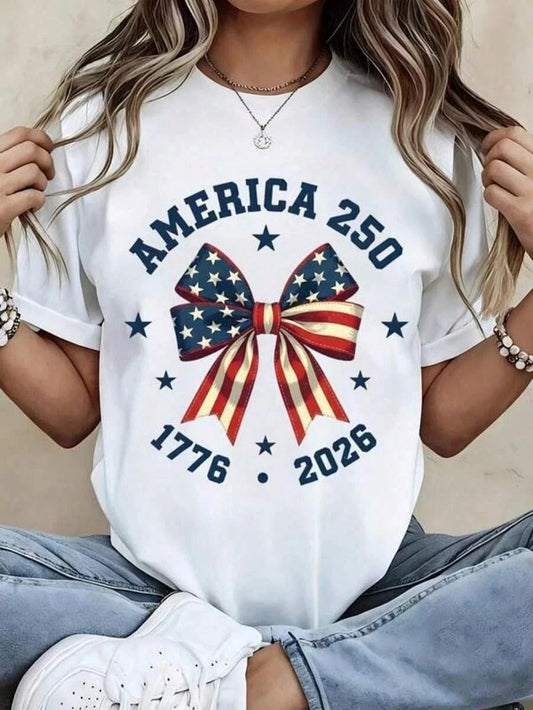 America 250 Patriotic Bow Flag Print 1776 2026 Short Sleeve T-Shirt
