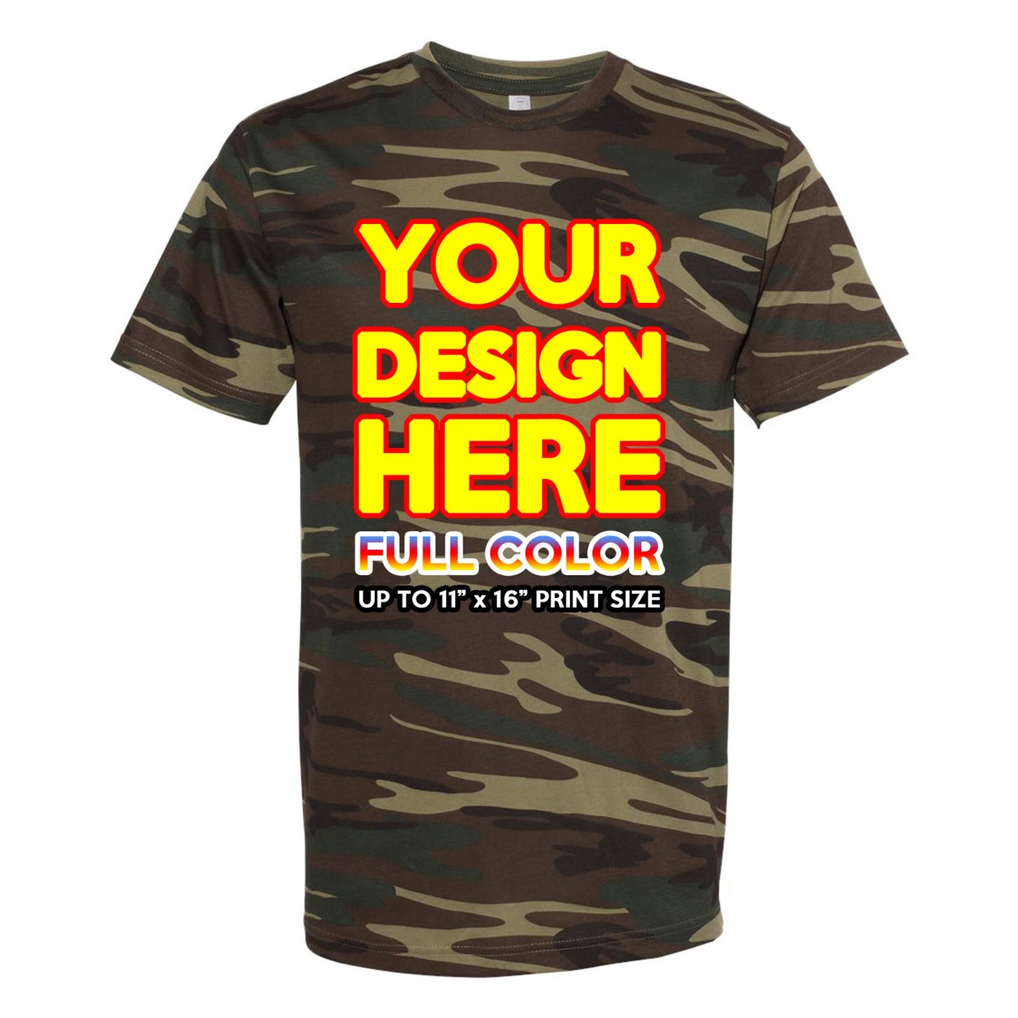 Your Design Full Color Custom Print Text Logo Photo Green Woodland Camo T-Shirt