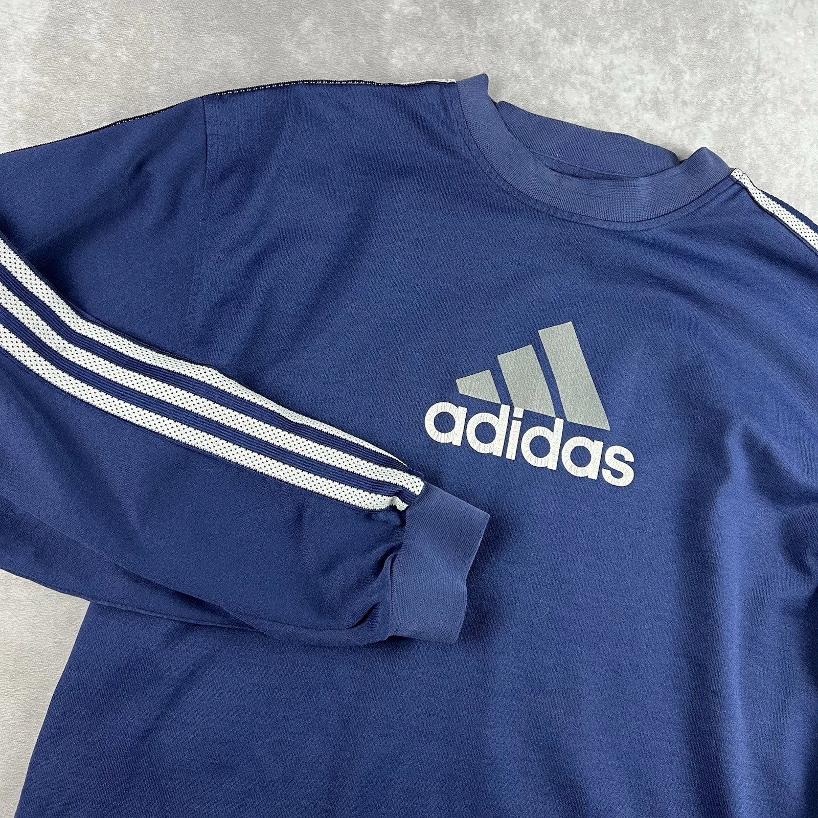 VINTAGE Adidas Blue Y2K Soccer Football Spell Out Long Sleeve Shirt Size L *Read