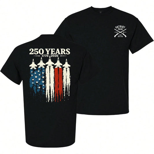Patriot Pride Men's Tee, 250 Years America 1776-2026 Jet Flag Anniversary Print