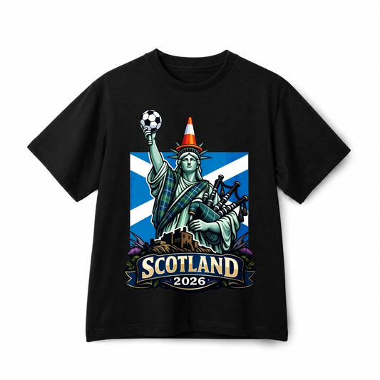 Scotland 2026 Liberty Statue Soccer Bagpipes Funny Cotton Casual T-Shirt Unisex