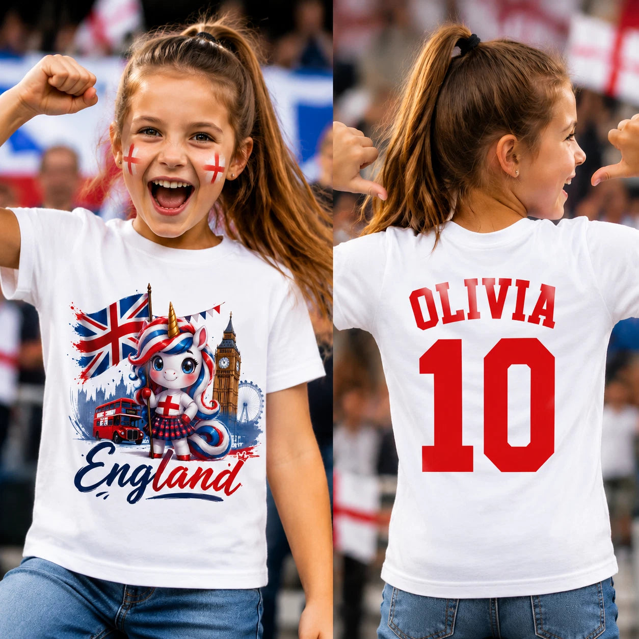 Personalised England Unicorn T Shirt, Custom Name Number Supporter Tee