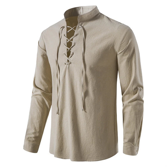 Men's Linen Long Sleeve Shirt Lace up V-Neck Viking Medieval Pirate Top