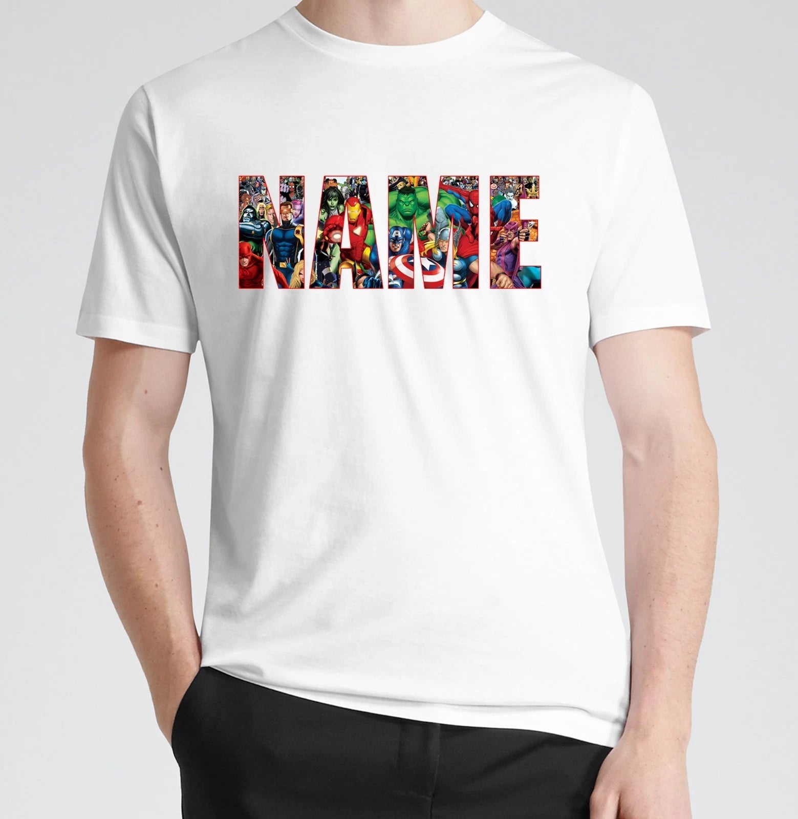 Marvel Personalised Logo T-shirt  "YOUR NAME" Custom Text Party Theme Family