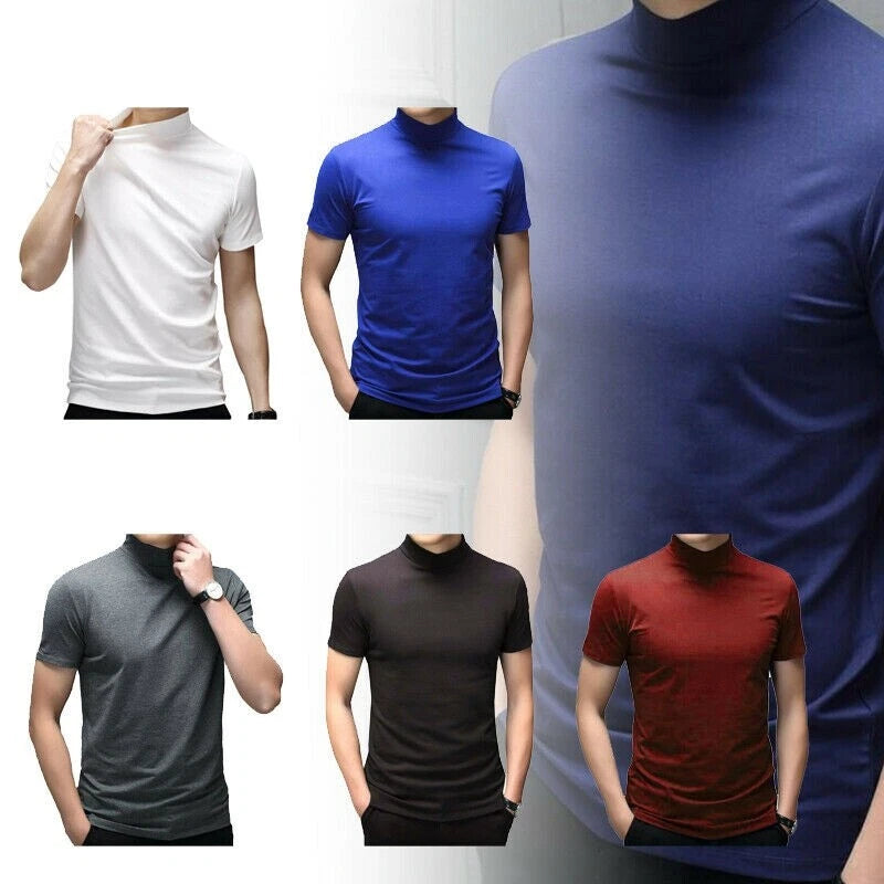 Mens Basic Shirt Tops Short Sleeve Pullover T-Shirts Turtleneck Stretch Undershirt