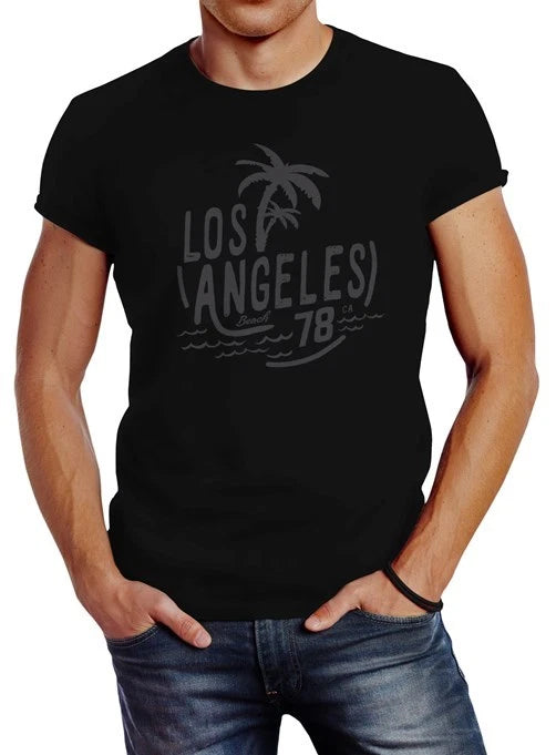 Men's Los Angeles Beach Palm Trees Surf Print Slim Fit Neverless® T-Shirt