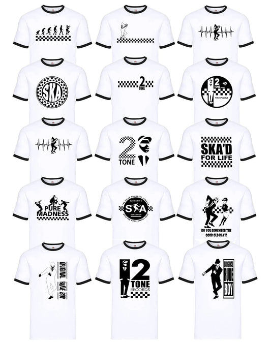 New Tone 2 Rude Ska White Ringer T-Shirt Men's The Specials Reggae Retro Tee Top