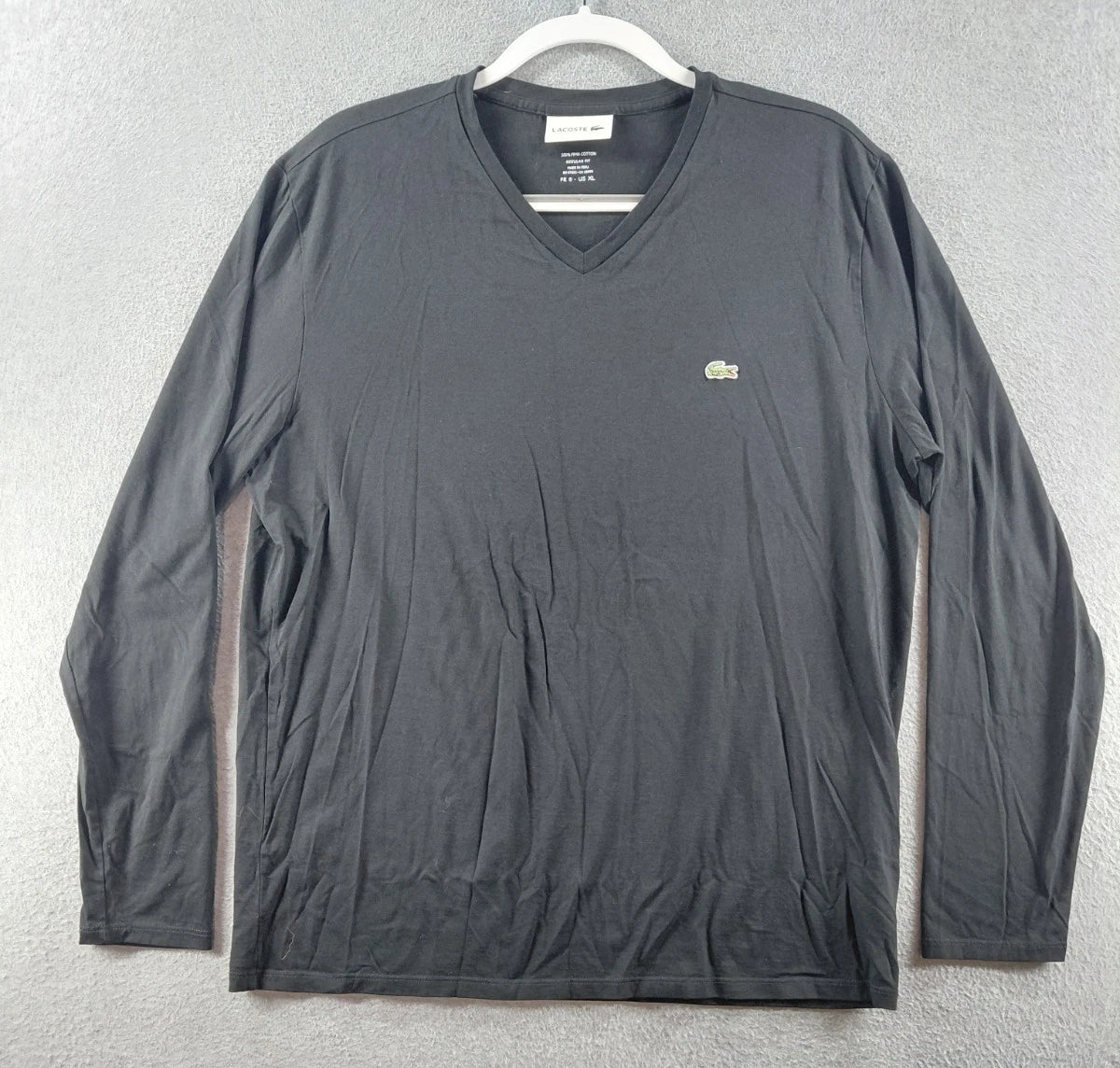 Lacoste Men's T Shirt Sz XL Black Pima Cotton V Neck Crocodile Logo Long Sleeve