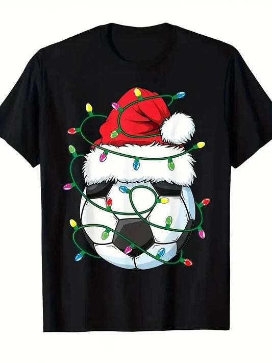 Boys' Black Soccer Football Christmas Lights T-Shirt with Santa & Goalpost Print