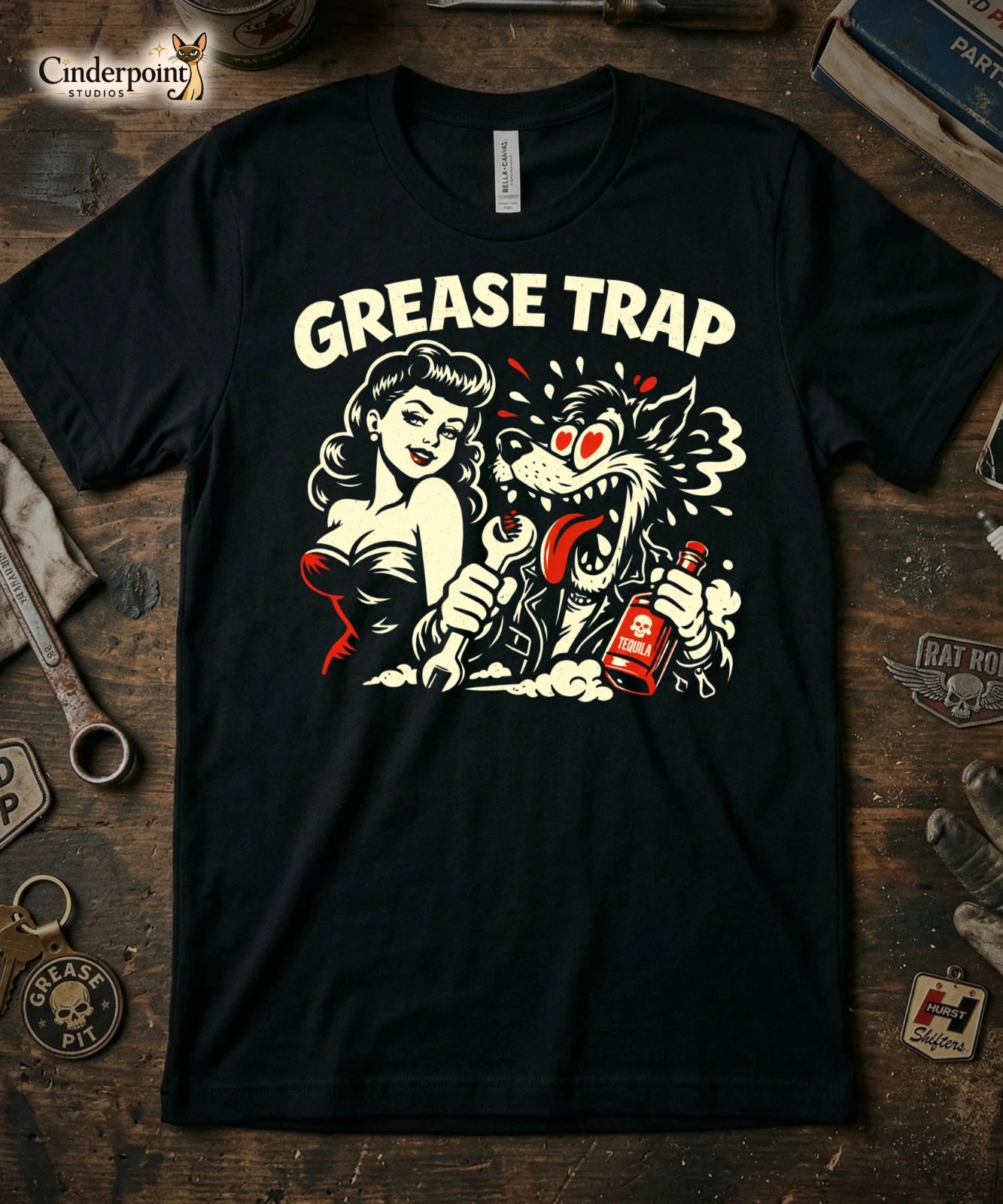Grease Trap T-Shirt Big Bad Wolf & Pinup Girl Retro Rockabilly Graphic Tee XS-5X