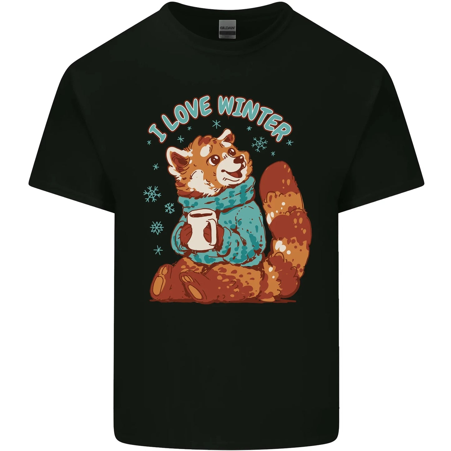 Red Panda Bear I Love Winter Mens Cotton T-Shirt Tee Top