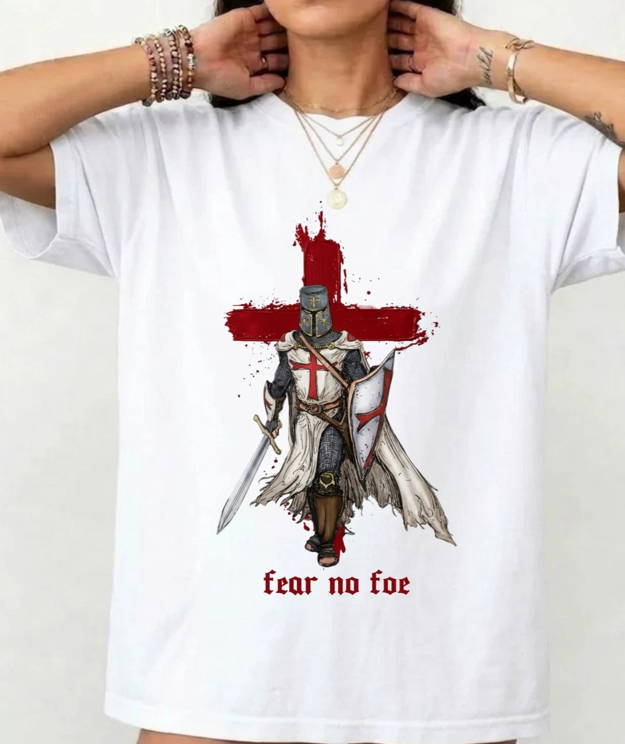 Fear No Foe Medieval Crusader Unisex T-Shirt-St George Cross Warrior Knight Tee