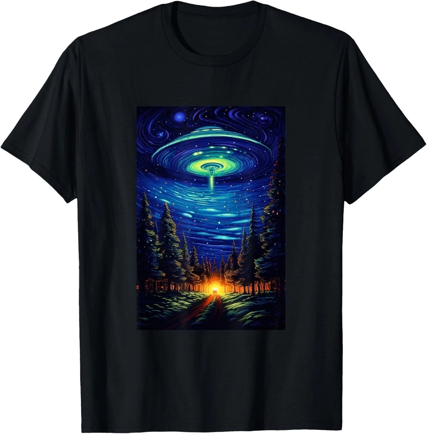 UFO Aliens Flying Saucer Van Gogh Style Starry Night Graphic T-Shirt