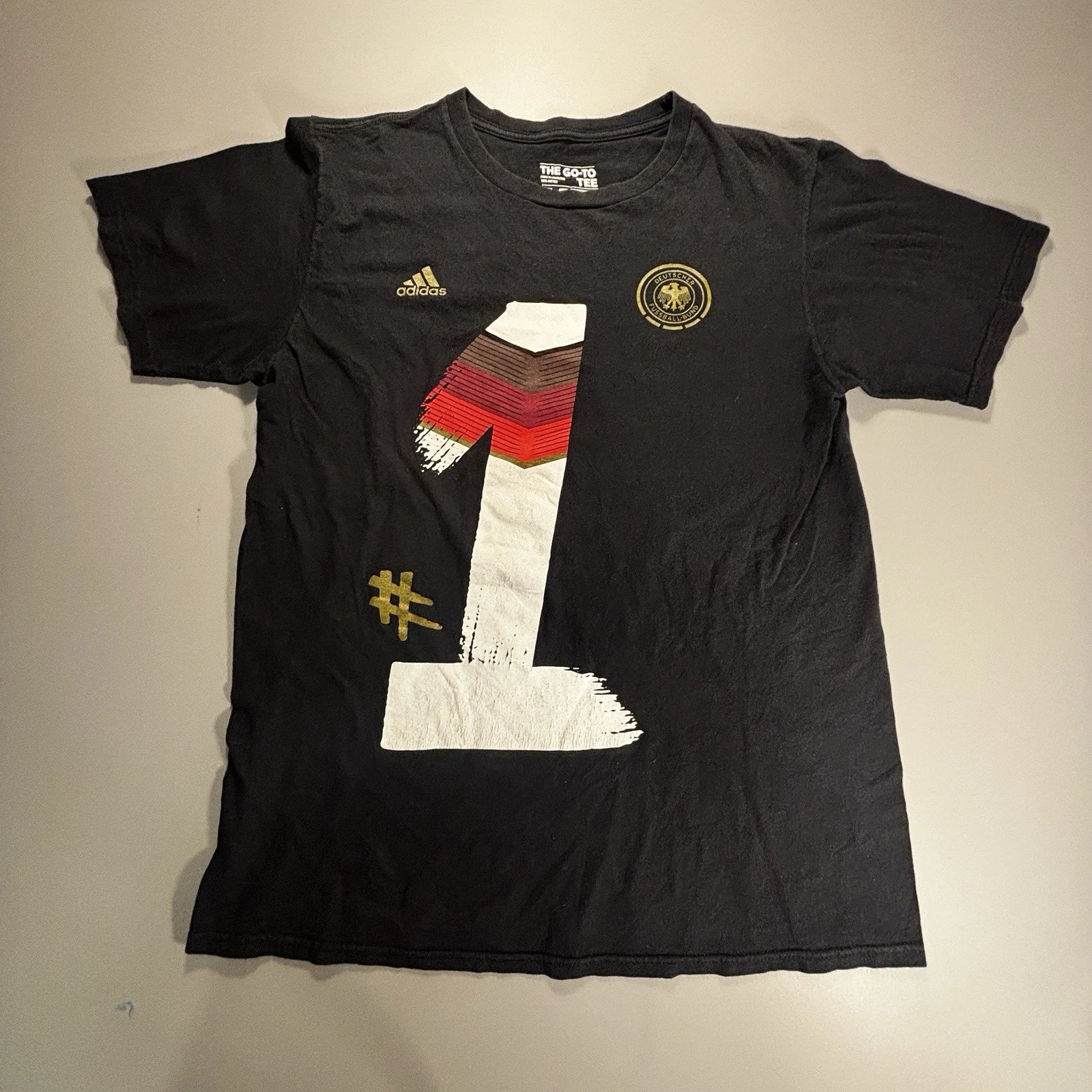 Adidas Germany #1 Soccer Tee Men M DFB FIFA Shirt Black Cotton Fan T-Shirt