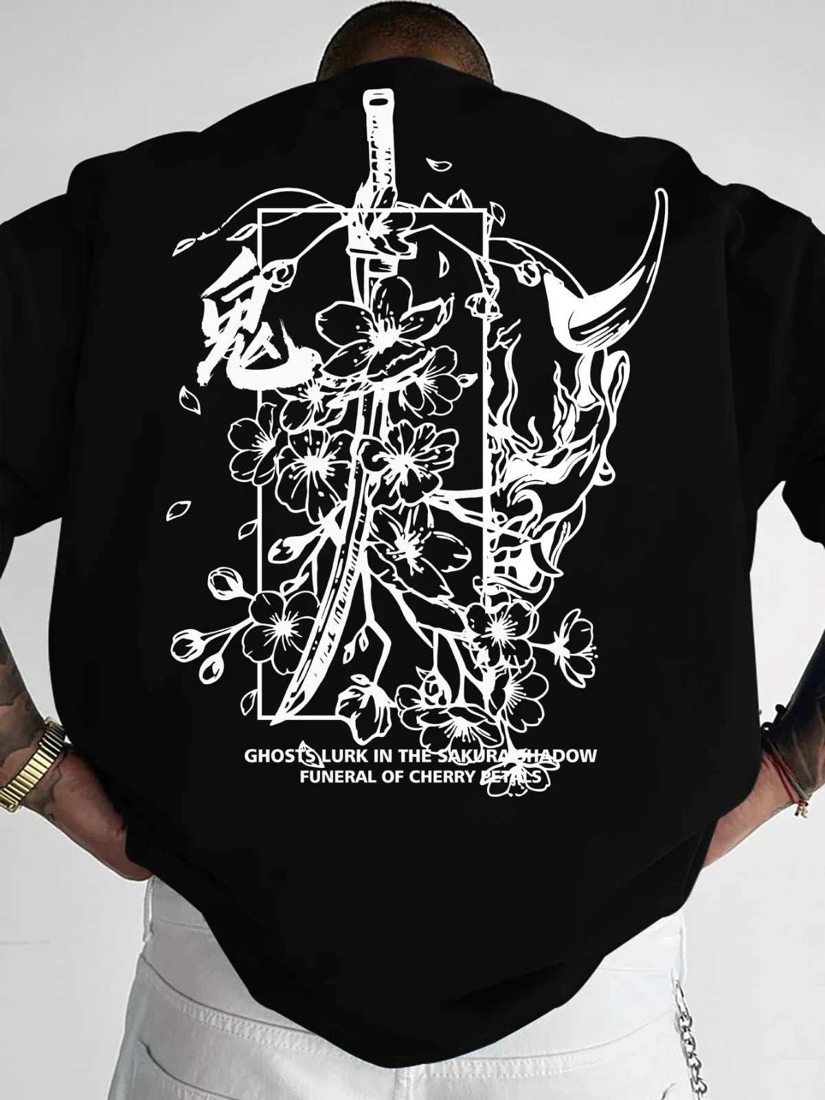 Men's Oversized Oni Hannya Samurai Sakura Print T-shirt 100% Polyester