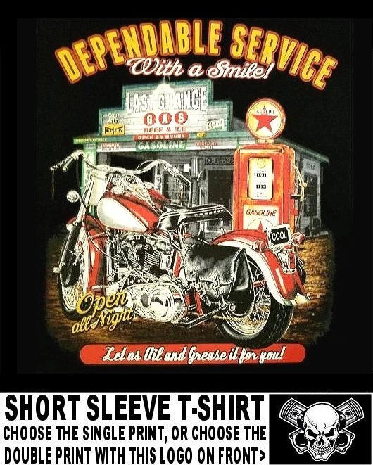 Last Chance Gas & Dependable Service Garage Biker Skull Motorcycle T-shirt WS54