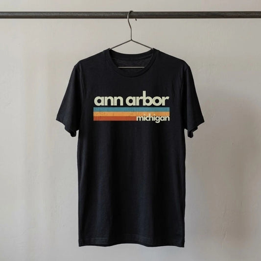 Ann Arbor Michigan Shirt Distressed 70s Striped Souvenir Hometown Graphic Tee