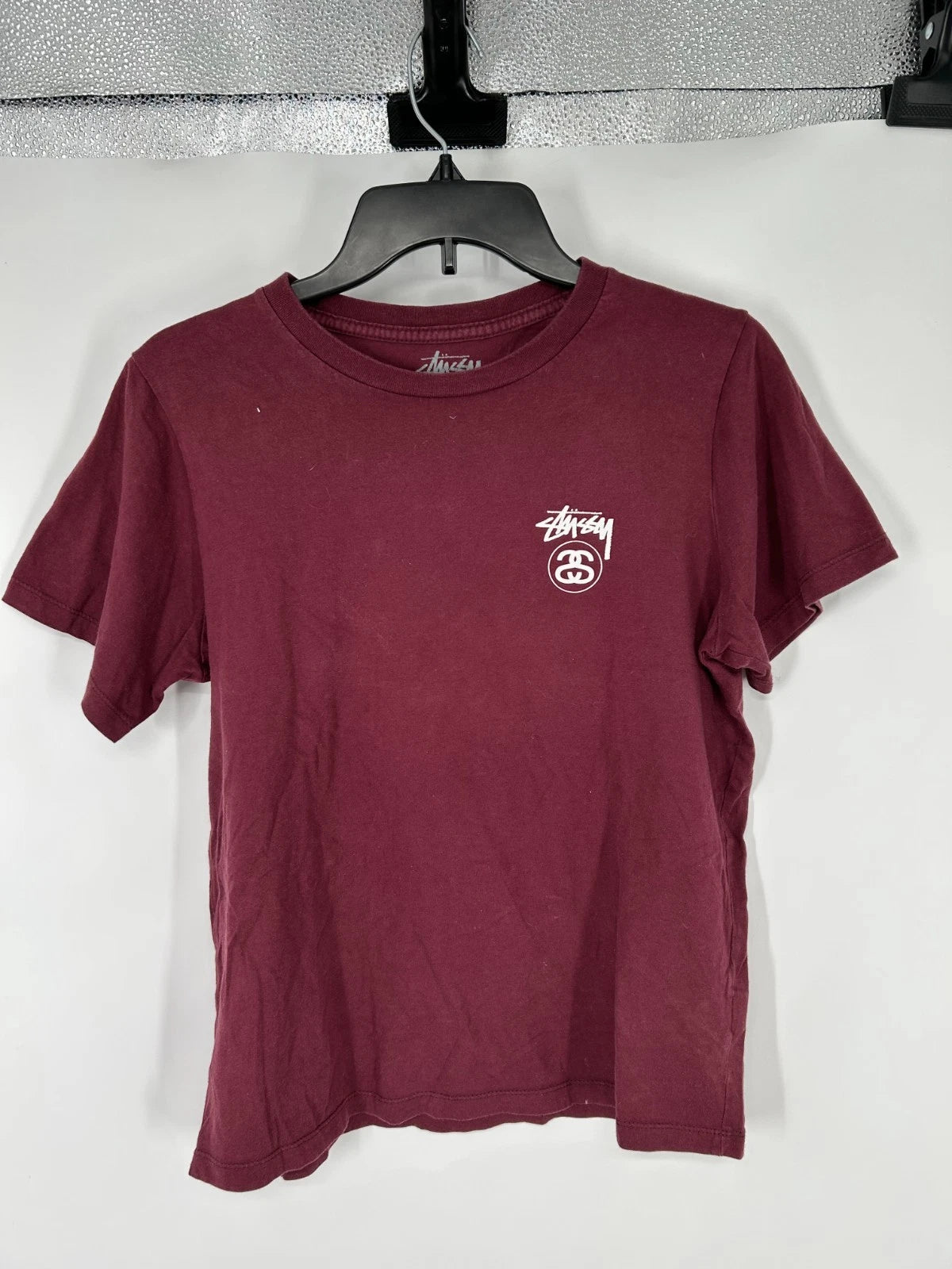 Stssy 8 Ball T Shirt Mens Small Burgundy Short Sleeve Graphic Logo Tee Maroon