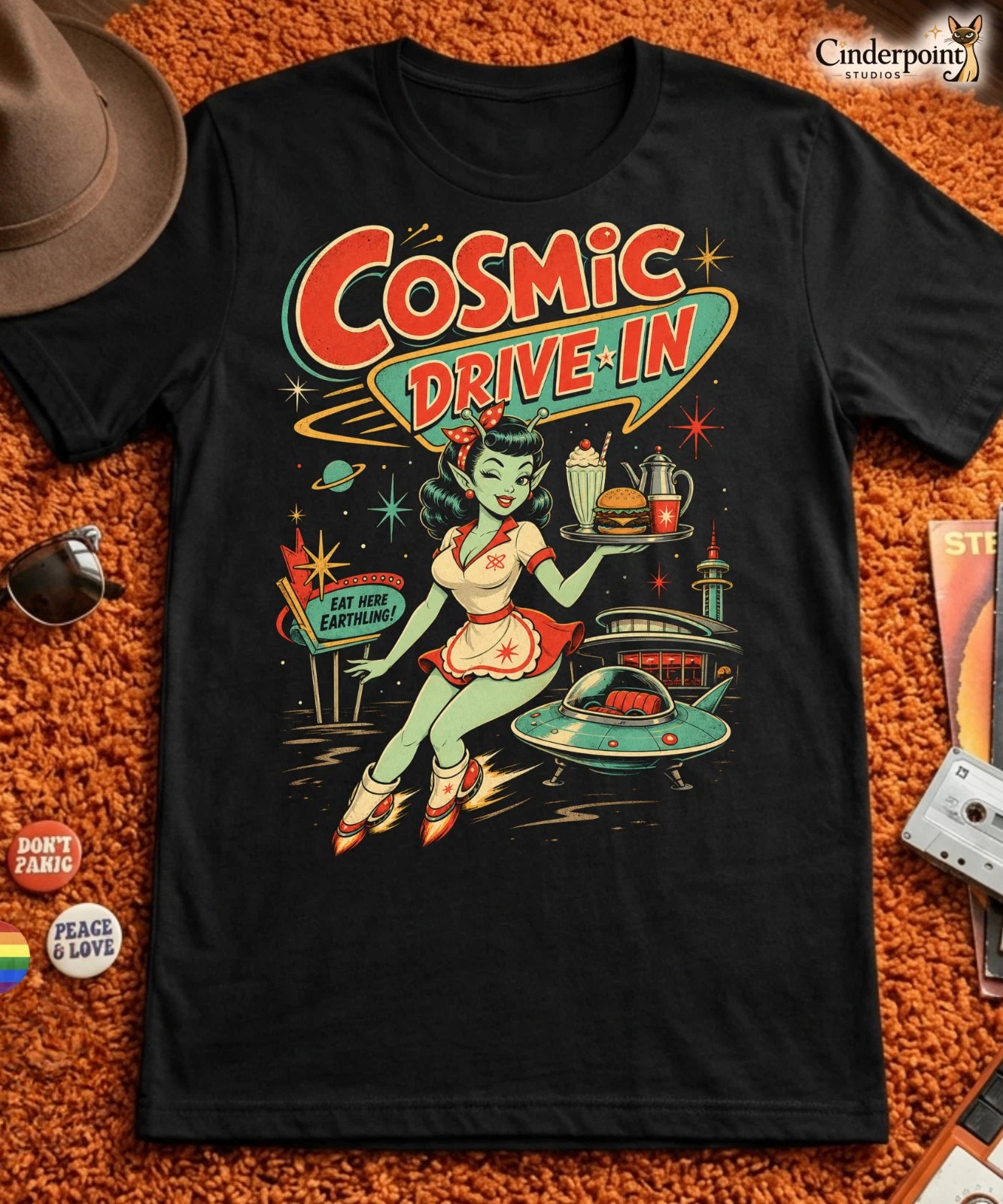 Cosmic Drive-In T-Shirt Alien Waitress Rockabilly Retro Diner Pinup Tee XS-5XL
