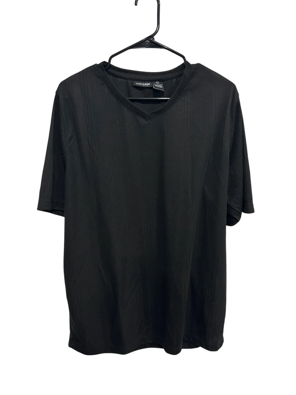 Montage V-Neck Short Sleeve T-Shirt Black Sz Large Polyester Basic Casual Wear