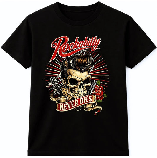 Rockabilly Never Dies Skull T Shirt Vintage Retro Rock and Roll Graphic Tee