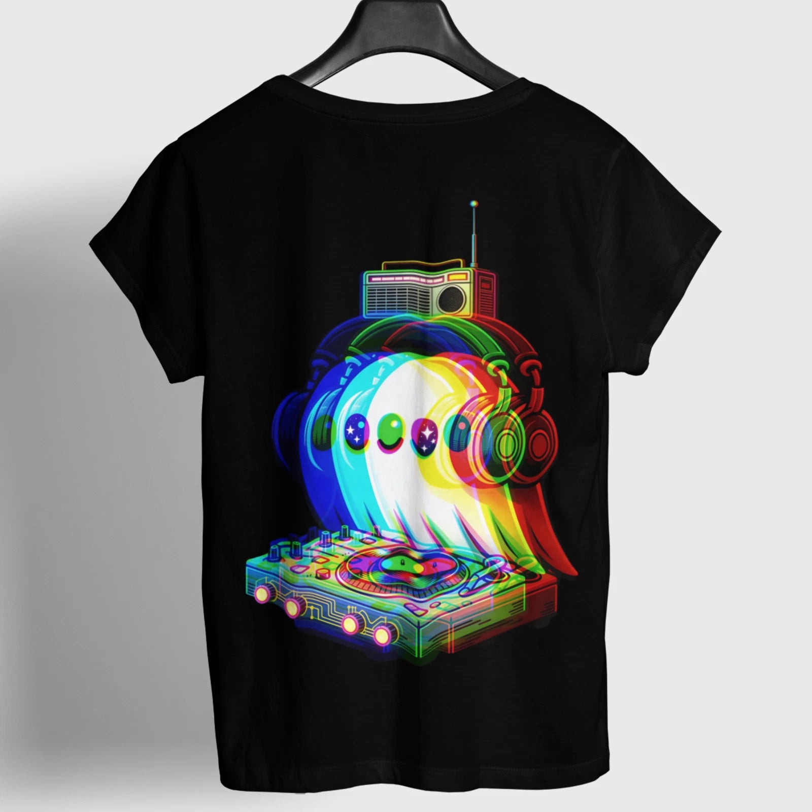 DJ Ghost T-Shirt Retro Neon Halloween Rave Music Festival Graphic Tee Back Print