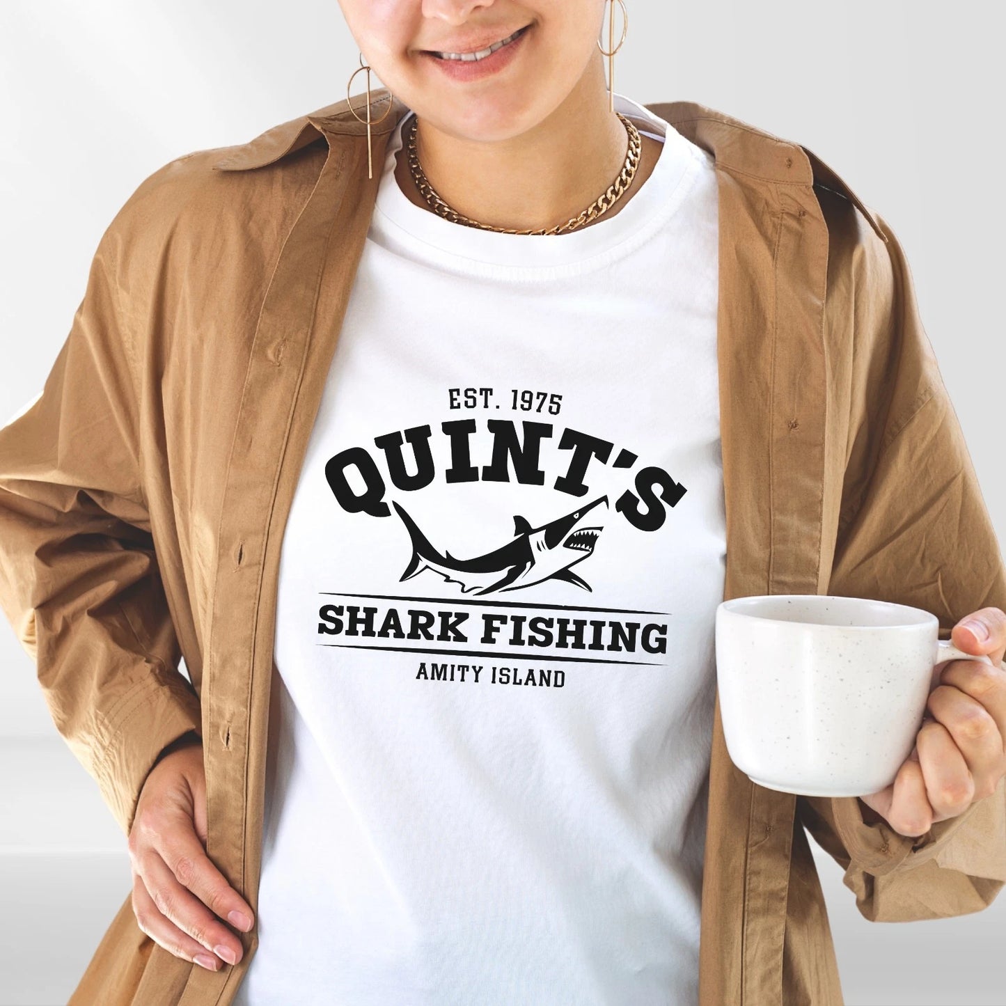 Jaws Quints Amity Island 1975 Shark Fishing  Movie Tee  T-Shirt