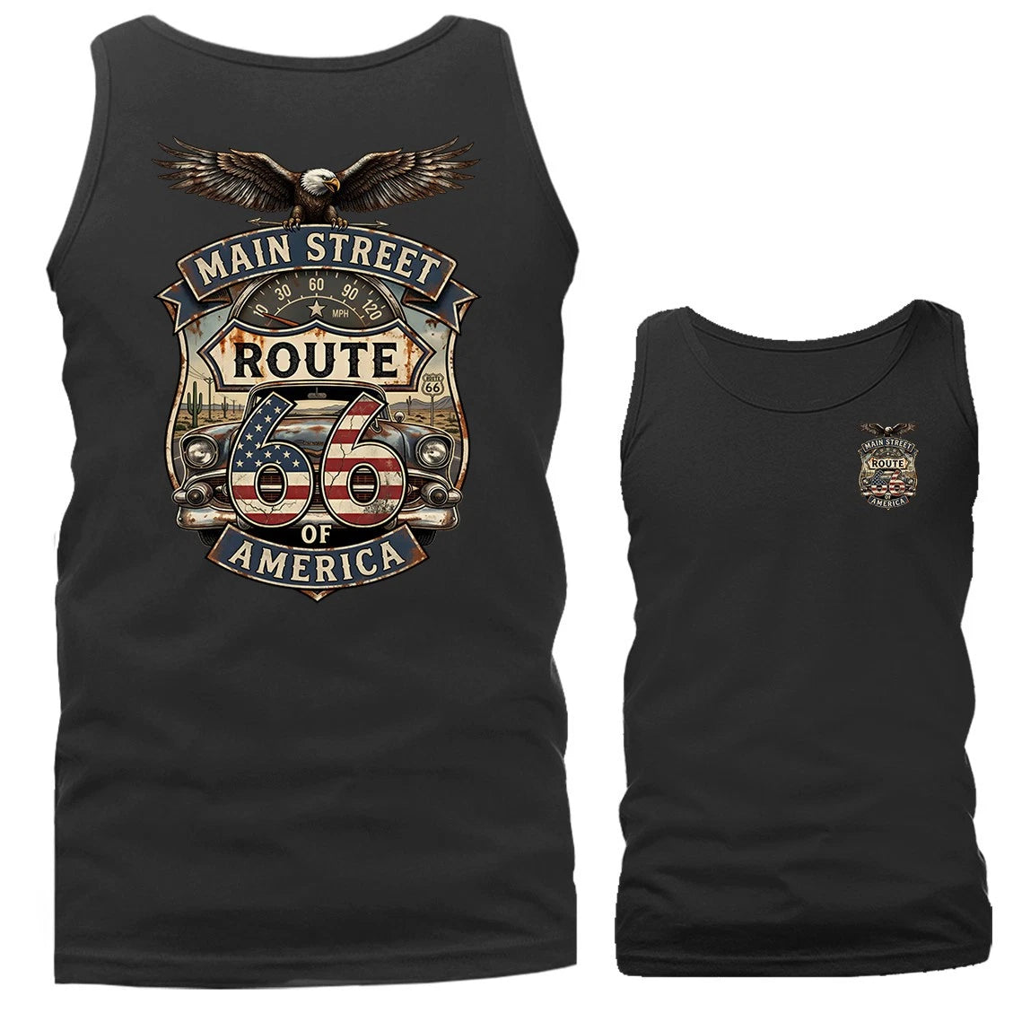 Route 66 Main Street of America Patriotic Eagle Vintage Car USA Flag Tank Top