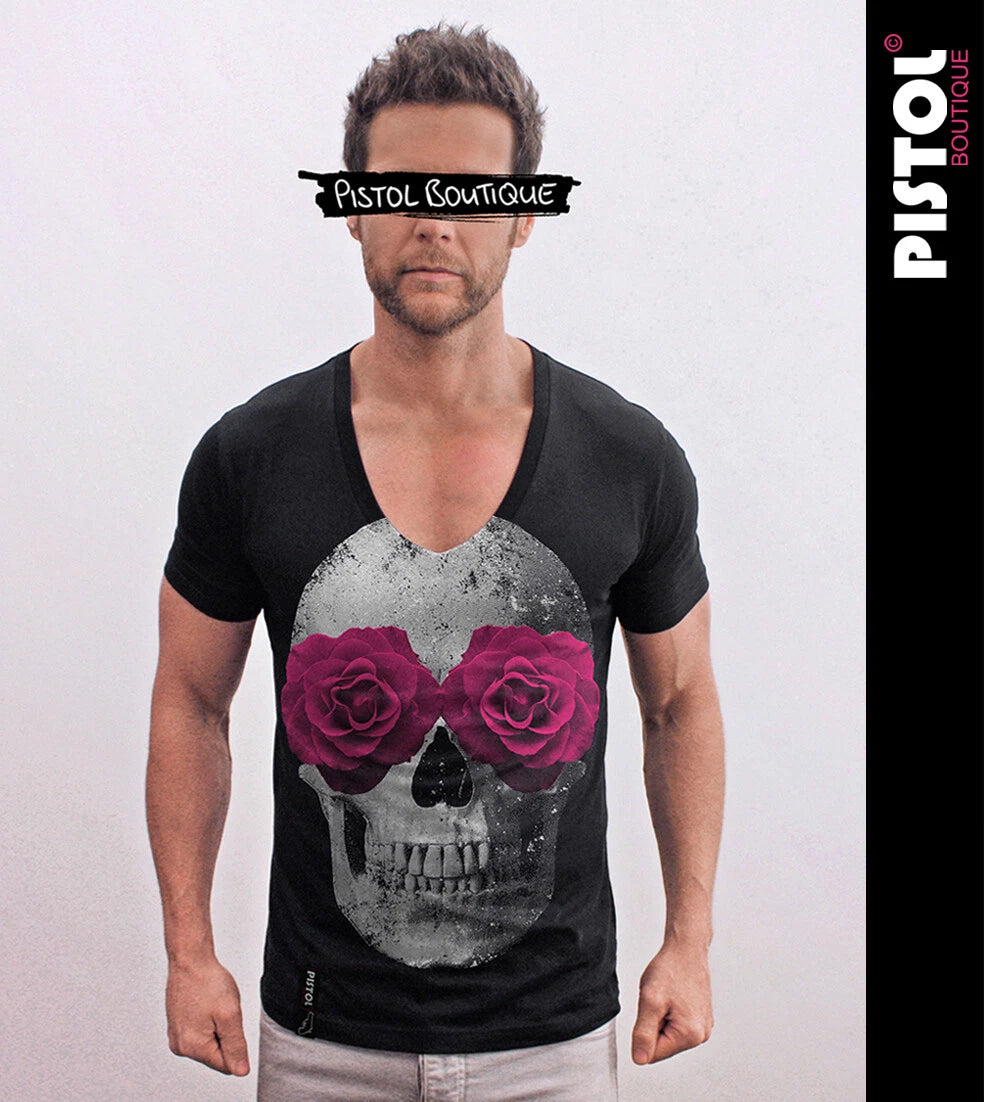 Pistol Boutique Men's Fitted Black Deep V Neck SKULL ROSE ROSES EYES T-shirt