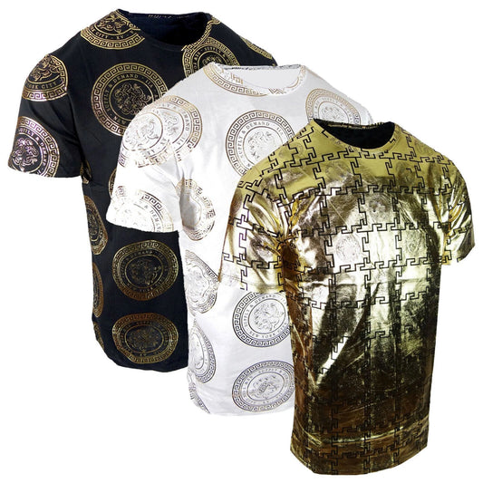 Mens T- Shirt Designer Italian Shiny Gold Print Slim Fit Stretch Casual Club