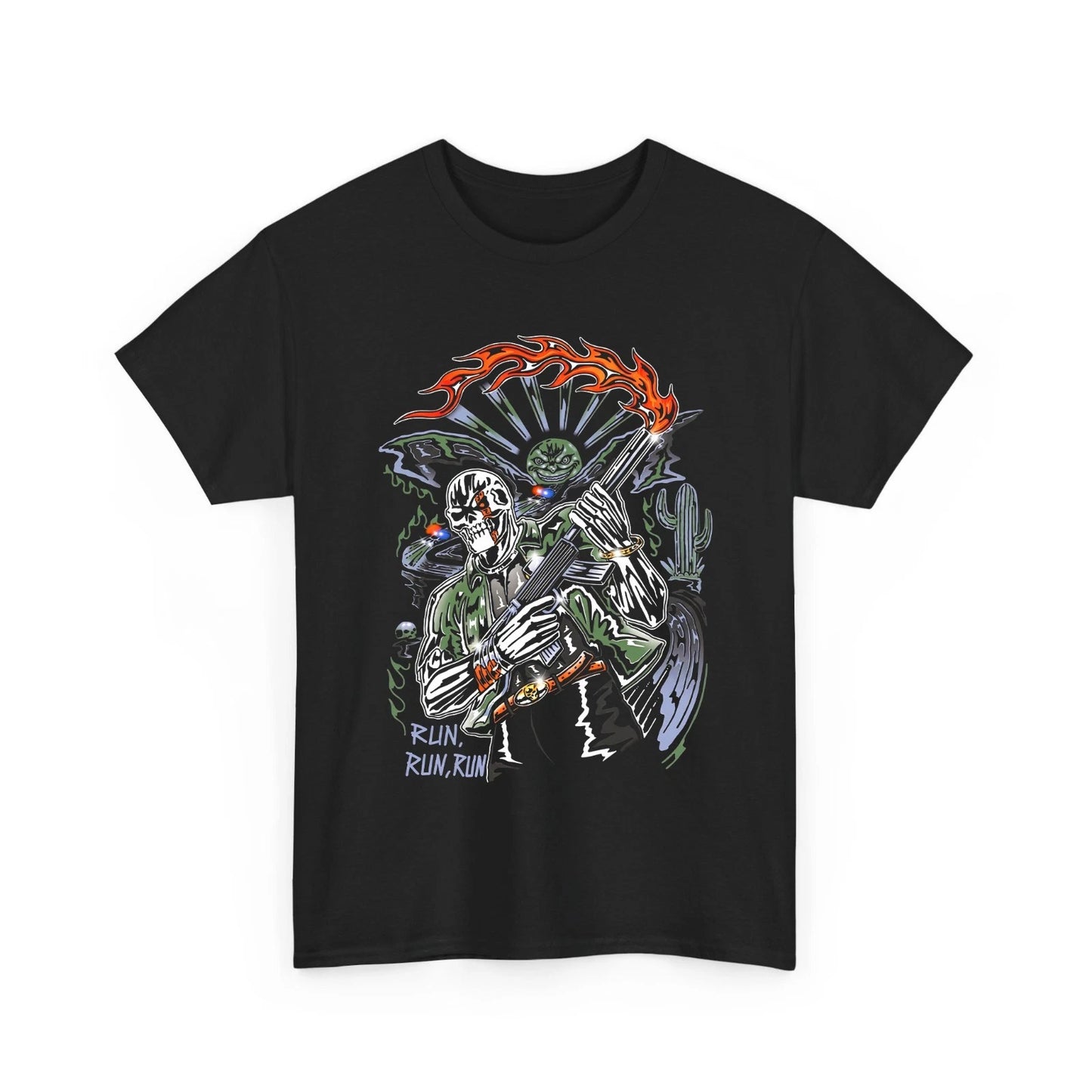 Run Run Run Skeleton Flamethrower Graphic Tee