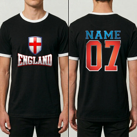 Personalised 3D Effect England Football Ringer T-Shirt Custom Name Number Top