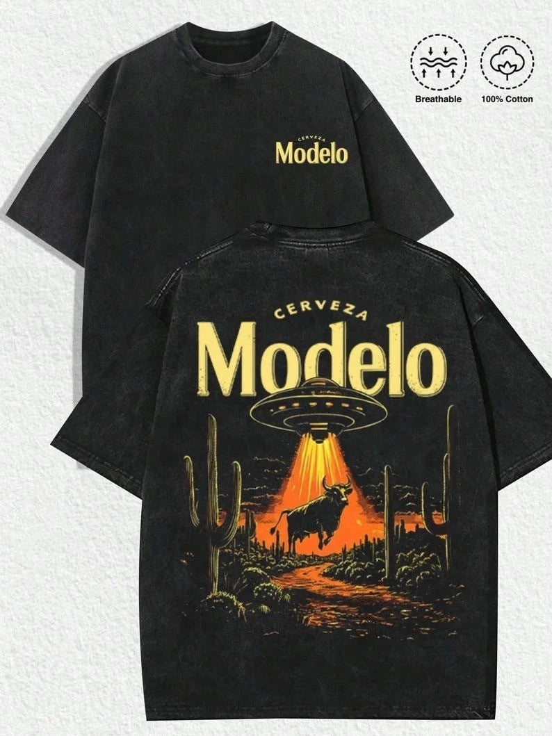 Vintage Washed Modelo Cowboy UFO Desert Graphic Tee, Retro Western Beer Shirt