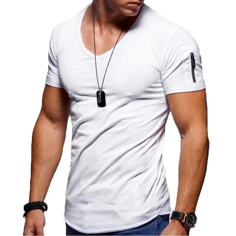 2026  Quality Cotton Men T-shirt V-neck Fashion Design Slim Fit Solid