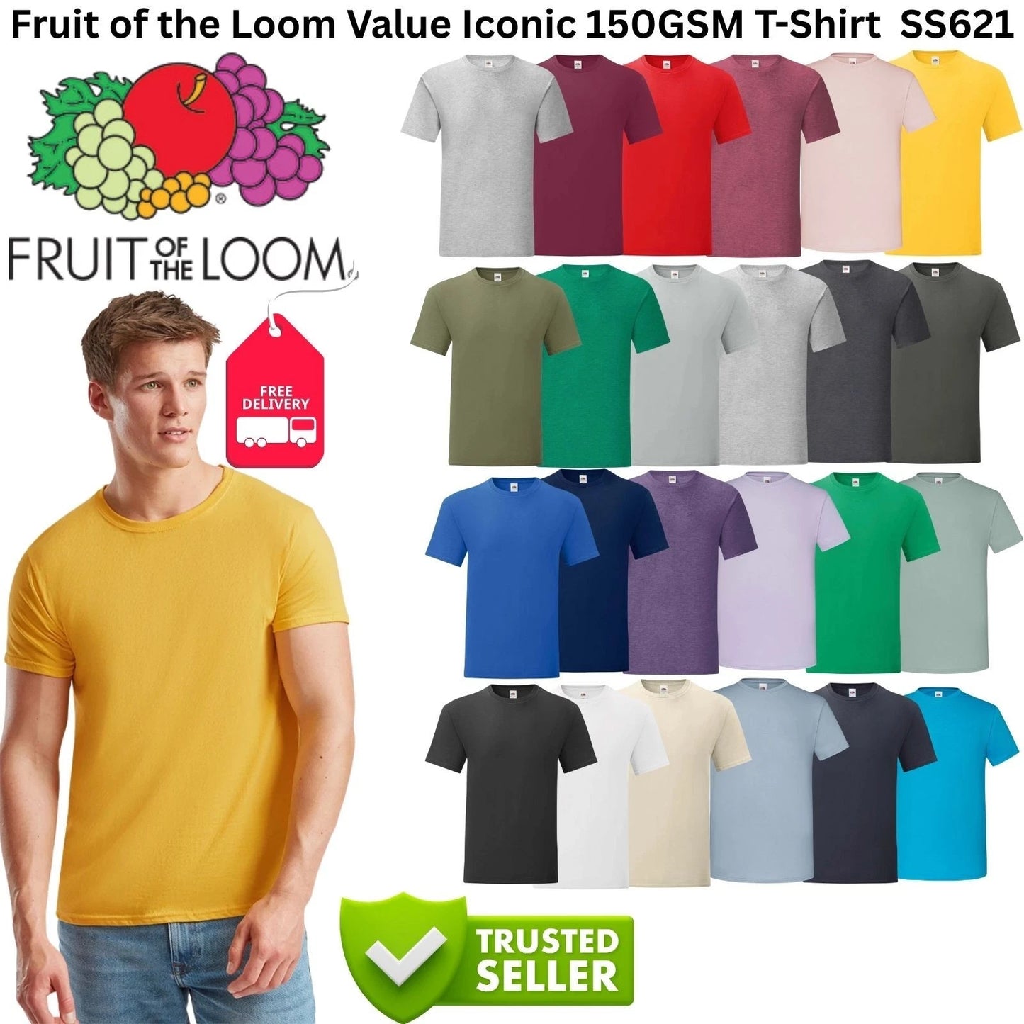 Fruit of the Loom Iconic 150 T-Shirt Mens 150GSM Soft Cotton Plain Short Sleeve