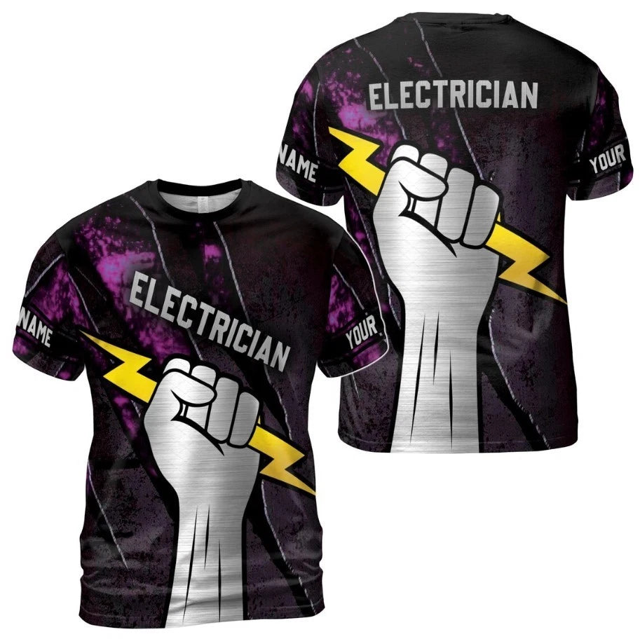 Customize Name Electrician Lightning In Hand Black Purple 3D T-Shirt S-5XL
