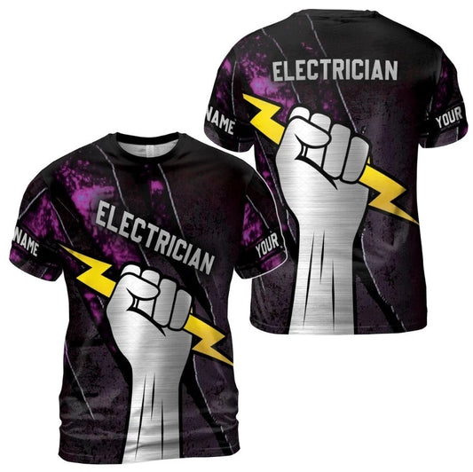 Customize Name Electrician Lightning In Hand Black Purple 3D T-Shirt S-5XL