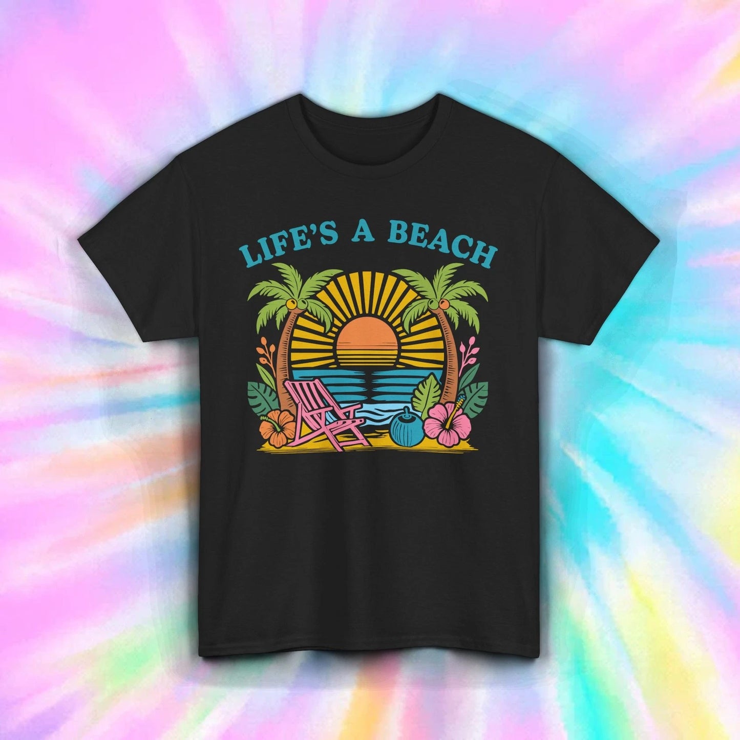 Life’s A Beach Shirt Funny Tropical Vacation Sunset Palm Summer Vibes Tee S-5XL
