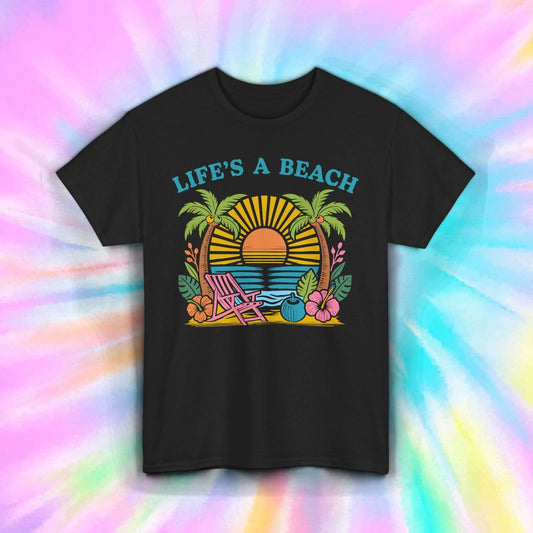 Life’s A Beach Shirt Funny Tropical Vacation Sunset Palm Summer Vibes Tee S-5XL